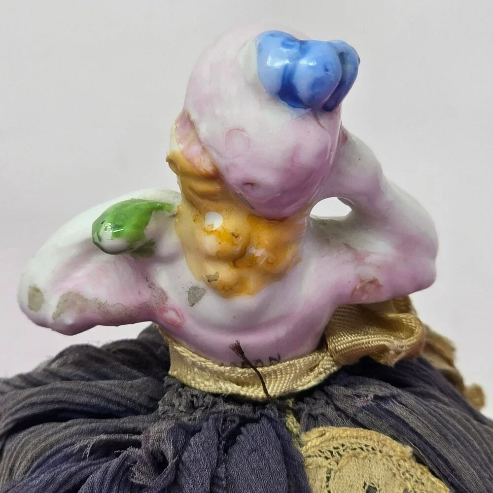 Vintage Porcelain Half Doll Pincushion With Lace‎ Skirt And Fabric Details